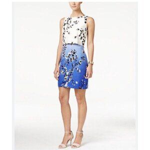 Ivanka Trump Floral Linen Blend Layered Sheath Dress Ombre White Blue Size 14